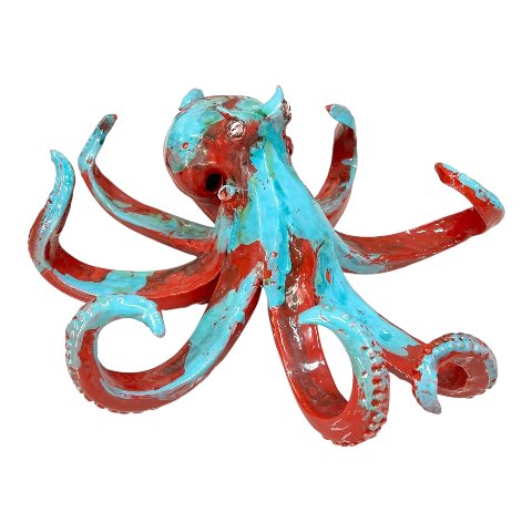 Scultura polpo in ceramica siciliana decoro rosso e celeste Produzione artigianale di Palermo Lunghezza 35cm