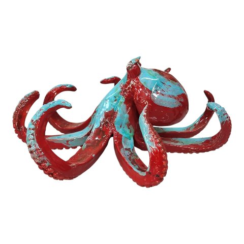 Scultura polpo in ceramica siciliana decoro rosso e celeste Produzione artigianale di Palermo Lunghezza 35cm