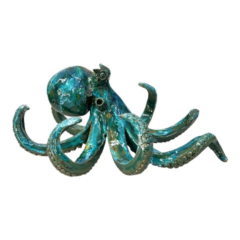 Scultura polpo in ceramica siciliana decoro verde effetto marmo Produzione artigianale di Palermo Lunghezza 35cm
