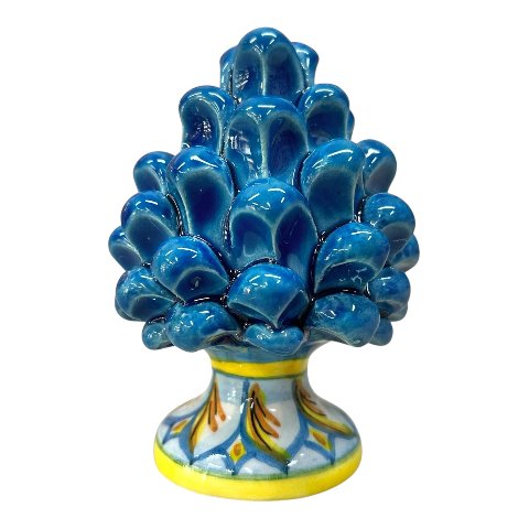 Pigna siciliana blu antico con base decorata coda di pavone in ceramica siciliana Produzione artigianale di Caltagirone h.12cm