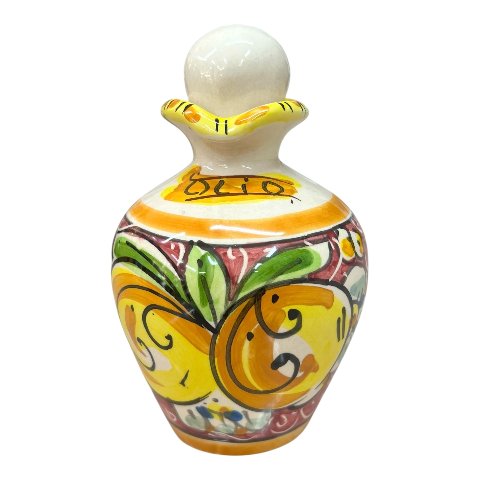 Oliera con manico in ceramica siciliana decoro limoni e fichi d’india fondo bordeaux Produzione artigianale di Caltagirone h.13cm