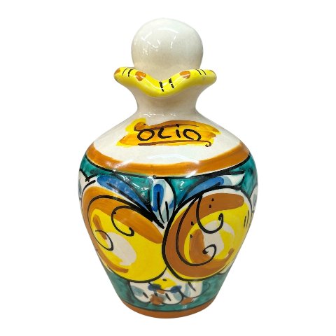 Oliera con manico in ceramica siciliana decoro limoni e fichi d’india fondo verde Produzione artigianale di Caltagirone h.13cm