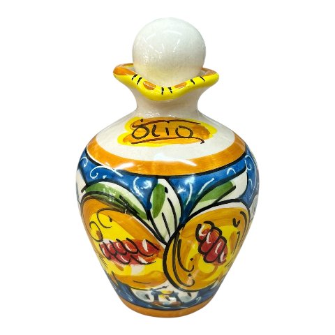 Oliera con manico in ceramica siciliana decoro melograno e fichi d’india fondo blu Produzione artigianale di Caltagirone h.13cm