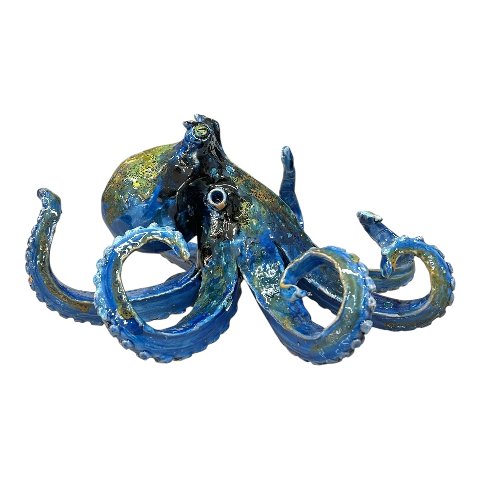 Polpo ornamentale in ceramica siciliana decoro blu marino e giallo Produzione artigianale di Palermo Lunghezza 25cm