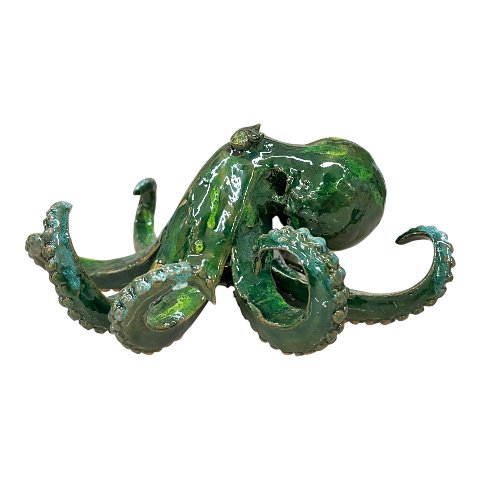 Polpo ornamentale in ceramica siciliana decoro verde smeraldo Produzione artigianale di Palermo Lunghezza 25cm