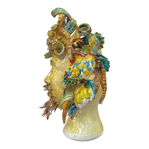 Teste di moro collezione I Miti modello Nettuno decoro giallo sabbia Produzione artigianale di Palermo h.30cm