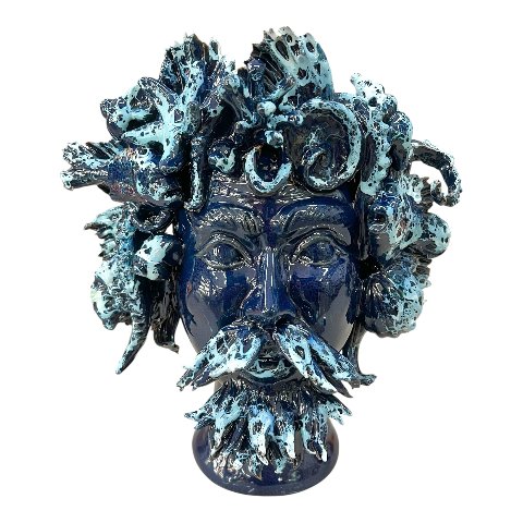Teste di moro collezione I Miti modello Nettuno decoro blu marino effetto marmo Produzione artigianale di Palermo h.30cm