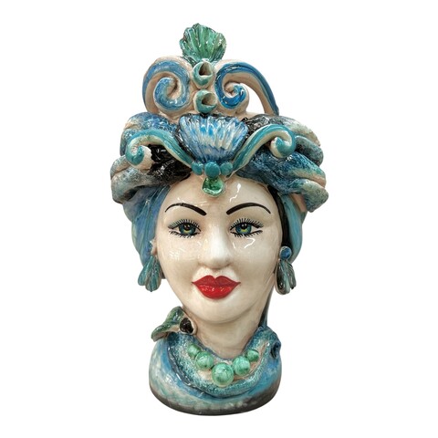 Coppia Teste di moro in ceramica siciliana con corona e turbante decoro blu e nero Produzione artigianale di Caltagirone h.30cm