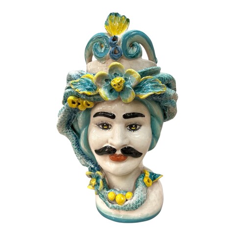 Coppia Teste di moro in ceramica siciliana con corona e turbante decoro azzurro e giallo Produzione artigianale di Caltagirone h.30cm