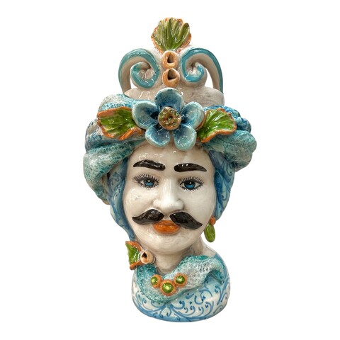 Coppia Teste di moro in ceramica siciliana con corona e turbante decoro blu antico Produzione artigianale di Caltagirone h.30cm