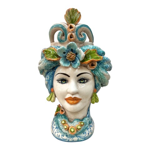 Coppia Teste di moro in ceramica siciliana con corona e turbante decoro blu antico Produzione artigianale di Caltagirone h.30cm
