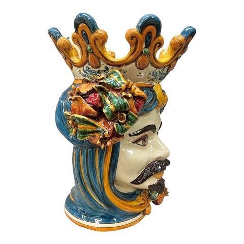 Testa di moro uomo con melograni in ceramica siciliana decoro blu e arancione Produzione artigianale di Caltagirone h.40cm