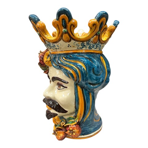 Testa di moro uomo con melograni in ceramica siciliana decoro blu e arancione Produzione artigianale di Caltagirone h.40cm