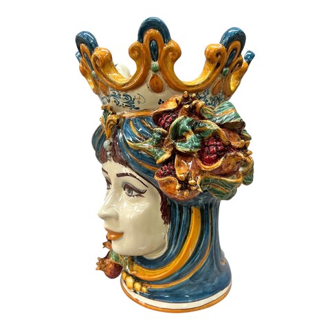 Testa di moro donna con melograni in ceramica siciliana decoro blu e arancione Produzione artigianale di Caltagirone h.40cm