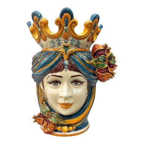 Testa di moro donna con melograni in ceramica siciliana decoro blu e arancione Produzione artigianale di Caltagirone h.40cm