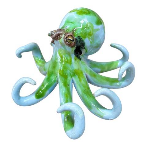 Polpo ornamentale in ceramica siciliana decoro verde mela Produzione artigianale di Palermo lunghezza 15cm