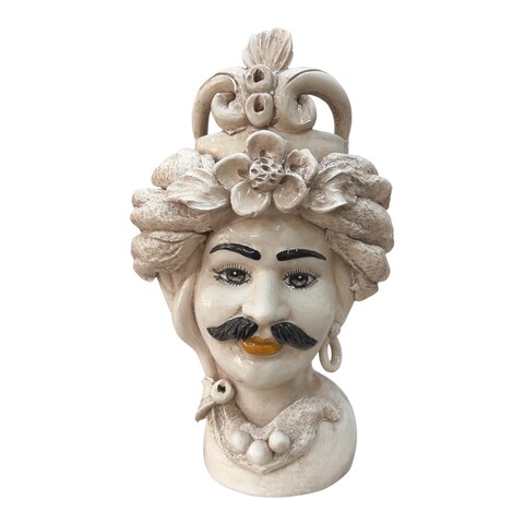 Coppia Teste di moro in ceramica siciliana con corona e turbante decoro fumé Produzione artigianale di Caltagirone h.30cm