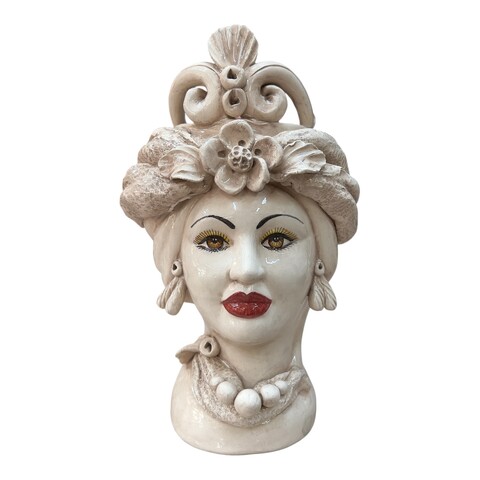 Coppia Teste di moro in ceramica siciliana con corona e turbante decoro fumé Produzione artigianale di Caltagirone h.30cm