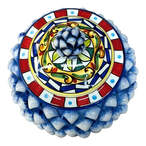 Biscottiera pigna blu antico sfumato decoro carretto Produzione artigianale di Santo Stefano di Camastra h.22cm