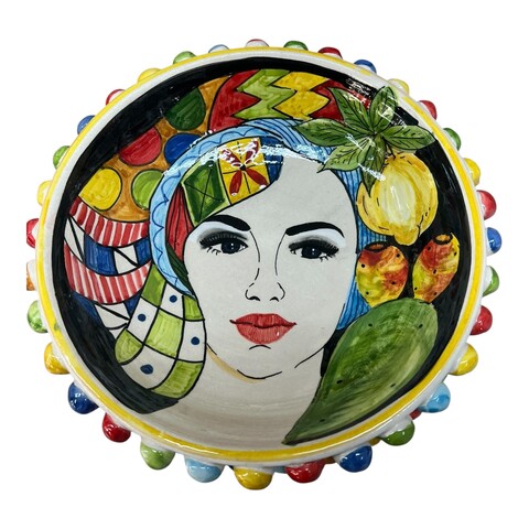 Centrotavola a pigna in ceramica siciliana multicolore con testa di moro donna, limoni e fichi d’ind Produzione artigianale di Santo Stefano di Camastra Diametro 25cm