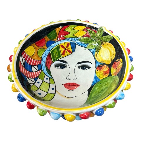 Centrotavola a pigna in ceramica siciliana multicolore con testa di moro donna, limoni e fichi d’ind Produzione artigianale di Santo Stefano di Camastra Diametro 25cm