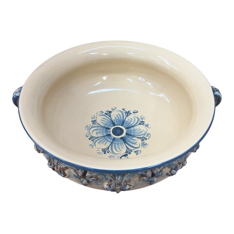 Centrotavola alzata in ceramica siciliana decoro blu antico Produzione artigianale di Caltagirone Diametro 30cm