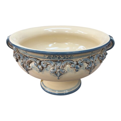 Centrotavola alzata in ceramica siciliana decoro blu antico Produzione artigianale di Caltagirone Diametro 30cm