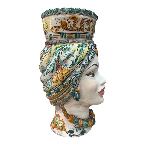 Coppia Teste di moro in ceramica siciliana decoro seicento verde Produzione artigianale di Santo Stefano di Camastra h.40cm