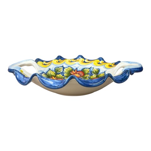 Centrotavola smerlato con manici in ceramica siciliana decoro blu e bianco con melograni Produzione artigianale di Santo Stefano di Camastra Diametro 40cm