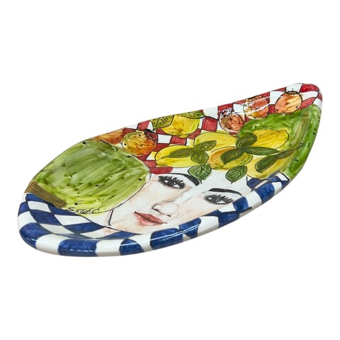 Centrotavola pala di fico d’india in ceramica siciliana decoro Sicula con limoni e fichi d’india Produzione artigianale di Santo Stefano di Camastra lunghezza 40cm