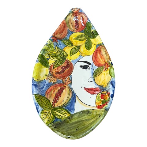 Centrotavola Pala di fico d’india in ceramica siciliana decoro Sicula con frutta Produzione artigianale di Santo Stefano di Camastra lunghezza 40cm