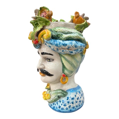 Testa di moro Uomo in ceramica decoro blu antico floreale con melograni e turbante Produzione artigianale di Caltagirone h.30cm