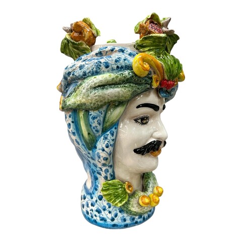 Testa di moro Uomo in ceramica decoro blu antico floreale con melograni e turbante Produzione artigianale di Caltagirone h.30cm