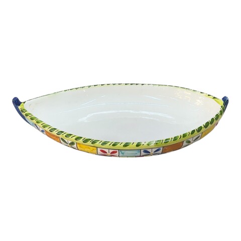 Piatto centrotavola forma barca in ceramica sicilia decoro carretto siciliano Produzione artigianale di Santo Stefano di Camastra Lunghezza 37cm