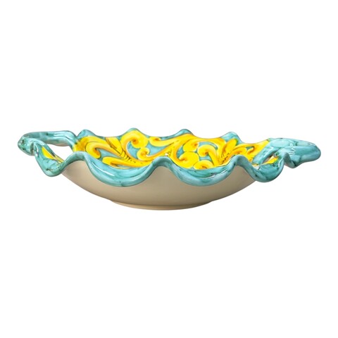 Centrotavola smerlato con manici in ceramica siciliana decoro ornato con limoni Produzione artigianale di Santo Stefano di Camastra Diametro 30cm