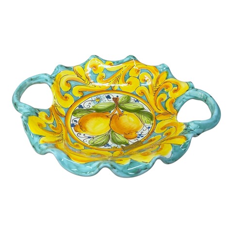 Centrotavola smerlato con manici in ceramica siciliana decoro ornato con limoni Produzione artigianale di Santo Stefano di Camastra Diametro 30cm