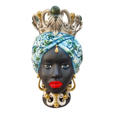 Testa di Moro Diana in ceramica siciliana decoro seicento celeste con dettagli in oro sfere verdi Produzione artigianale di Caltagirone h.40cm