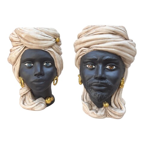 Teste di Moro Anubi con turbante in ceramica siciliana decoro fumé dettagli in oro Produzione artigianale di Caltagirone h.30cm