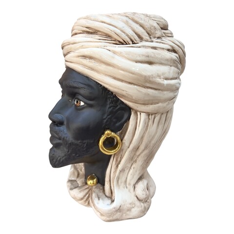 Teste di Moro Anubi con turbante in ceramica siciliana decoro fumé dettagli in oro Produzione artigianale di Caltagirone h.30cm