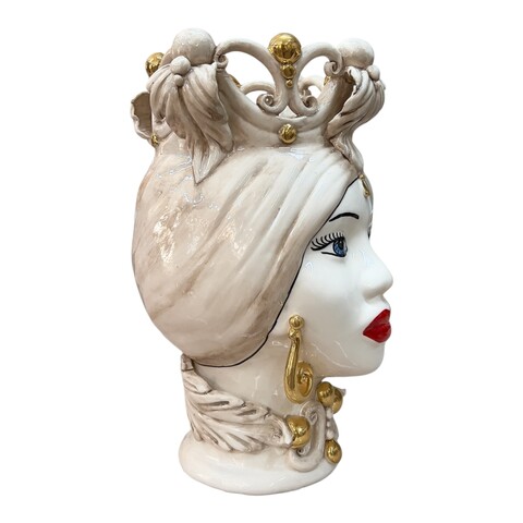 Testa di Moro Diana in ceramica siciliana decoro fumé con dettagli in oro Produzione artigianale di Caltagirone h.30cm