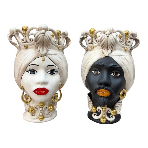 Testa di Moro Diana in ceramica siciliana decoro fumé con dettagli in oro Produzione artigianale di Caltagirone h.30cm