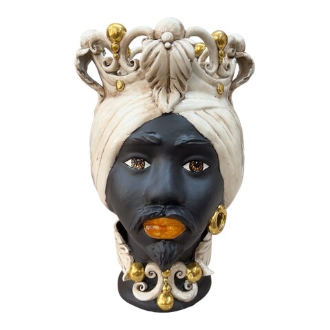 Testa di Moro Diana in ceramica siciliana decoro fumé con dettagli in oro Produzione artigianale di Caltagirone h.30cm