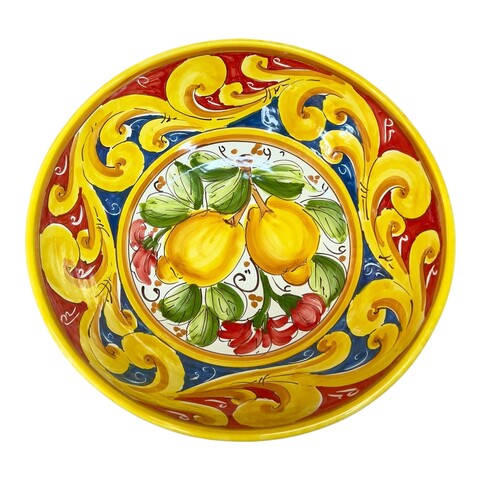 Ciotola centrotavola in ceramica siciliana decoro ornato giallo con limoni Produzione artigianale di Santo Stefano di Camastra Diametro 30cm