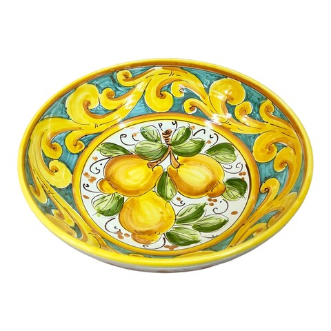 Ciotola centrotavola in ceramica siciliana decoro ornato giallo fondo verde con limoni Produzione artigianale di Santo Stefano di Camastra Diametro 30cm