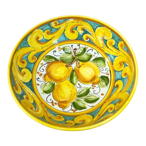 Ciotola centrotavola in ceramica siciliana decoro ornato giallo fondo verde con limoni Produzione artigianale di Santo Stefano di Camastra Diametro 30cm