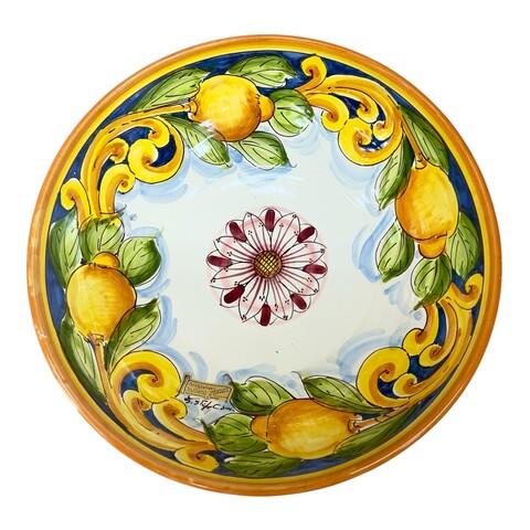 Ciotola centrotavola in ceramica siciliana decoro ornato con limoni Produzione artigianale di Santo Stefano di Camastra Diametro 30cm