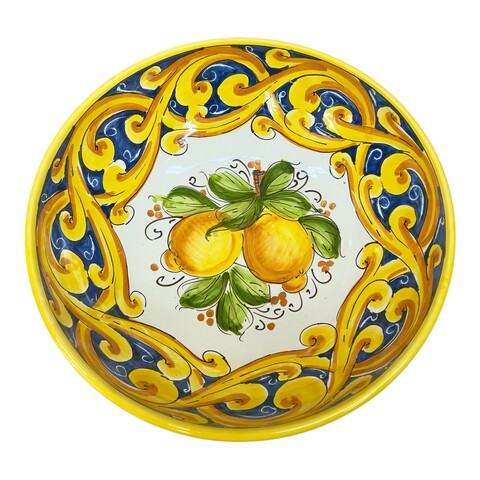 Ciotola centrotavola in ceramica siciliana decoro ornato giallo fondo blu con limoni Produzione artigianale di Santo Stefano di Camastra Diametro 30cm