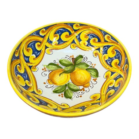 Ciotola centrotavola in ceramica siciliana decoro ornato giallo fondo blu con limoni Produzione artigianale di Santo Stefano di Camastra Diametro 30cm