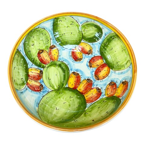 Ciotola centrotavola in ceramica siciliana decoro con fichi d’india fondo celeste Produzione artigianale di Santo Stefano di Camastra Diametro 30cm