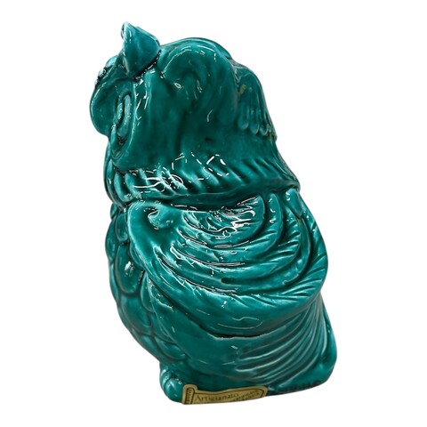 Civetta ornamentale in ceramica siciliana decoro verde ramina monocolore Produzione artigianale di Caltagirone h.15cm